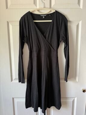 Toad & Co Black Heathered Faux Wrap Dress Tie Back Pockets Tencel Size M Granola